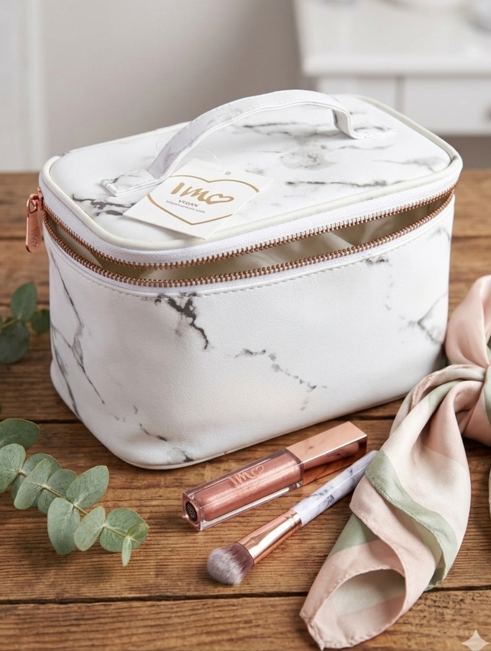 IMOSHION White Marble Vegan Leather Makeup Bag & Travel Case Rose Gold Accents